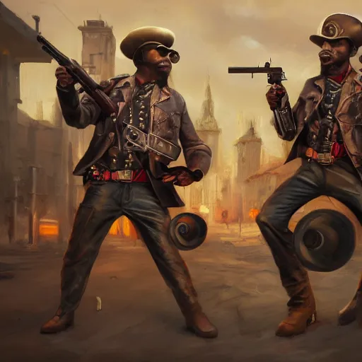 Prompt: oil painting of two hamsters holding guns, berets, medium shot, steampunk clothes, steampunk city background, sharp focus, fantasy style, octane render, volumetric lighting, 8k high definition, by greg rutkowski, highly detailed, trending on art Station, explosions, magic the gathering artwork, centered