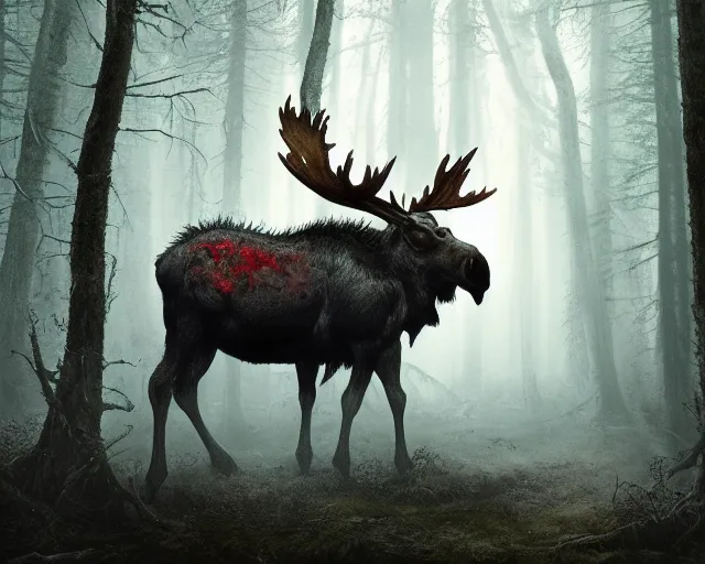 Image similar to 5 5 mm portrait photo of an armored demonic undead rotting moose with red eyes antlers and looking at the camera, in a magical forest. magical atmosphere. art by greg rutkowski and luis royo. highly detailed 8 k. intricate. lifelike. soft light. nikon d 8 5 0.