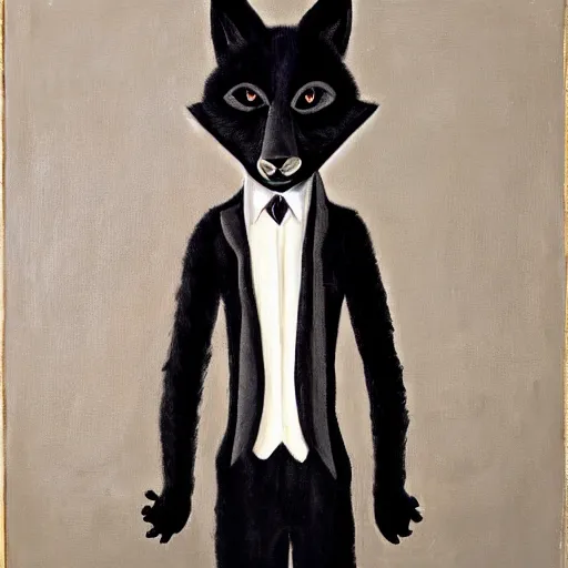 Image similar to portrait of a male anthro anthropomorphic black fox furry fursona with hands on eyes, wearing a suit, 1 9 7 0 s oil on canvas painting, by famous artist jylon denja