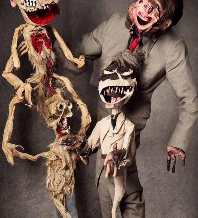 Image similar to hyper realistic photography of dead ventriloquist with terrific monster wooden puppet