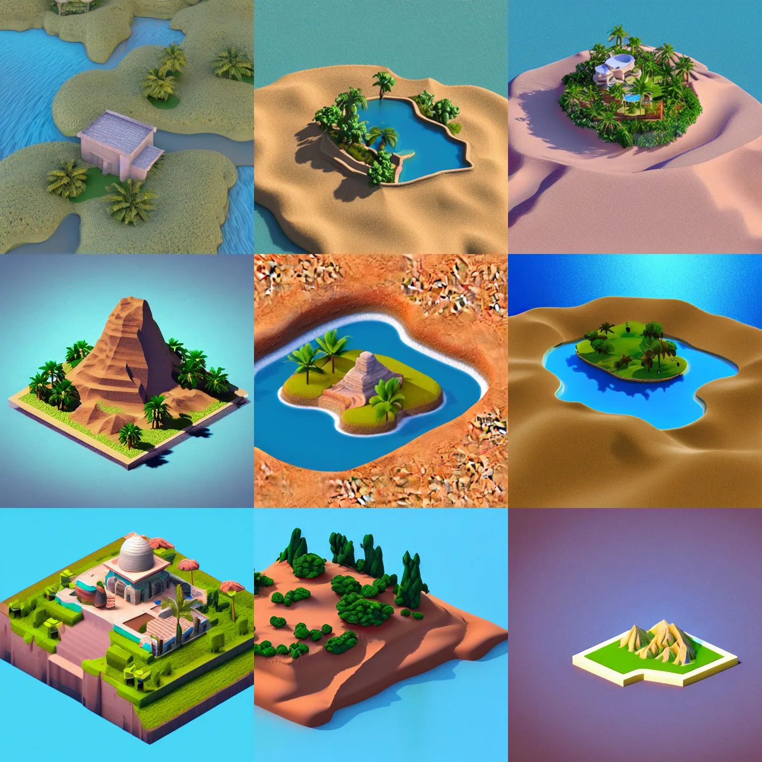 Prompt: isometric 3d Render of island with desert and lake, on the island there is mountains with sand, water, and house, centered, medium poly, blender eevee render