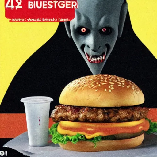 Prompt: nosferatu biting into a mcdonald's burger, advertisement