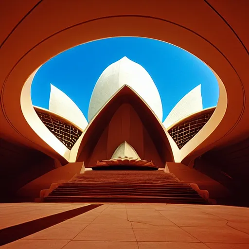 Image similar to interior of a futuristic lotus temple with gold, red and white marble panels, in the desert, by buckminster fuller and syd mead, intricate contemporary architecture, photo journalism, photography, cinematic, national geographic photoshoot