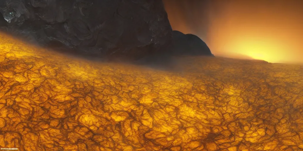 Image similar to a mountainous planet full of active vulcanoes covered by a dense yellow fog and yellow giant clouds, venus surface, path traced, highly detailed, high quality, 8 k, dramatic lighting, cinematic, high coherence, low contrast, hyperrealistic, concept art, digital art, dark yellow dense atmosphere, lava in the ground, no life, desertic