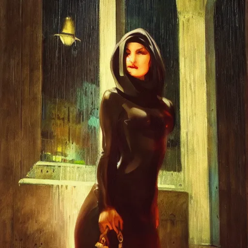 Image similar to beautiful woman, courtyard, capital, cybermosque interior, control panel, watcher, omniscient, tech noir, wet reflections, impressionism, matte painting, speed painting, chiaroscuro, oil on canvas