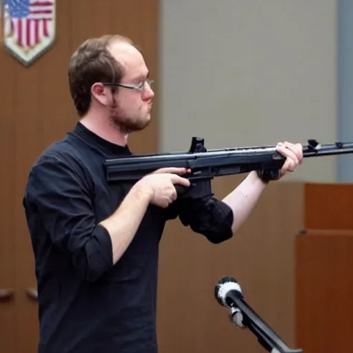 Prompt: mark zuckermedvedev demonstrating ar 1 5 rifle on his trial testimony