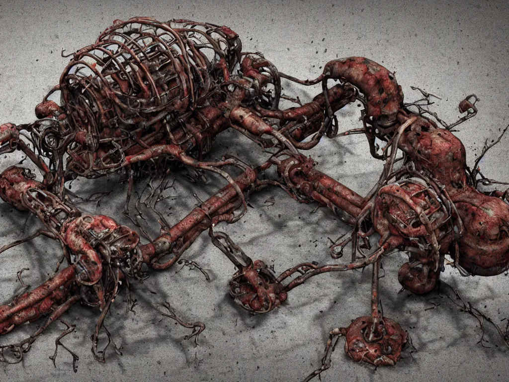 Image similar to Techno-biological rusty T-55 consisting of tumors, meat, veins, bones, guts, kidneys, wires. Biopunk, body-horror, high detail, photorealism, full length view, very rust, concept art, octane render, 16k, 8k