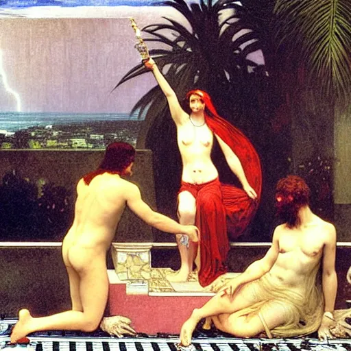 Image similar to Justice with a blood dripping chalice at the palace, thunderstorm, pool, beach and palm trees on the background major arcana sky, by paul delaroche, alphonse mucha and arnold böcklin arnold böcklin hyperrealistic 8k, very detailed