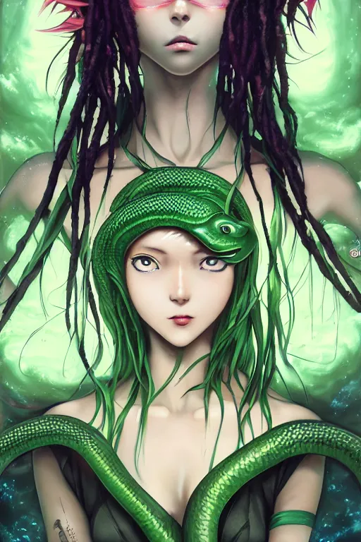 Prompt: portrait of an anime manga girl with green snake dreads, straight on, by artgerm, james jean, tom bagshaw, gerald brom, vaporwave colors, lofi colors, vaporwave, lofi, goth vibe, 4 k, smooth, hd, substance designer render, full body character concept art, symmetrical,