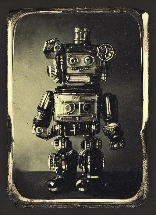 Image similar to old wetplate daguerreotype portrait of futuristic cute little robot, dubbel negative exposure, explosion of data fragments, fractal, intricate, elegant, highly detailed, parallax, leica, medium format, subsurface scattering, by jheronimus bosch and greg rutkowski and louis jacques mande daguerre