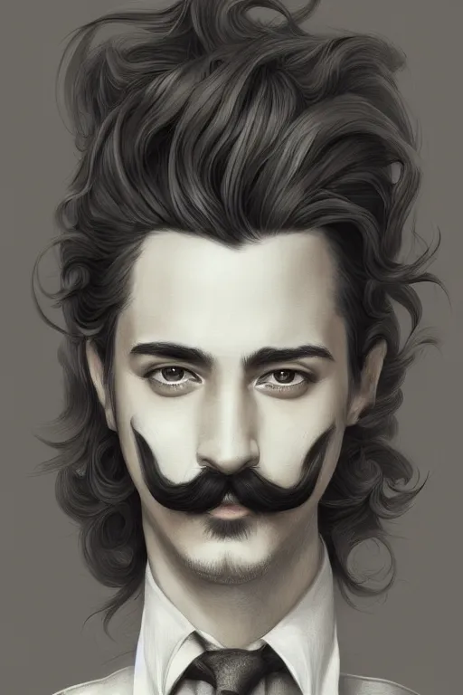 Image similar to a drawing of a man with long hair and a salvador dali mustache, an ultrafine detailed painting by Charlie Bowater, trending on Artstation, digital art, speedpainting, digital painting, artstation hq