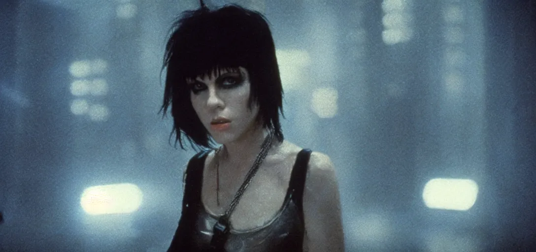 Image similar to a film portrait still of joan jett in blade runner, gritty cyberpunk atmosphere. realism, cinematic lighting, 4 k. 8 mm. grainy. panavision.