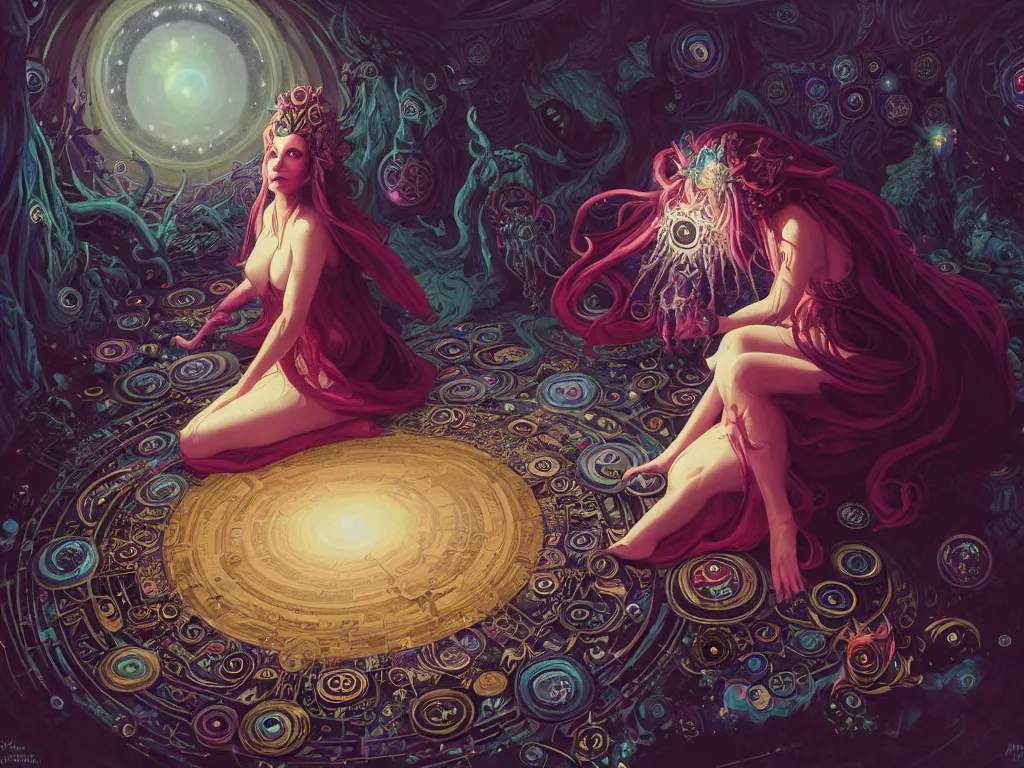 Image similar to high angle picture of a maximalist dress witch sitting on the floor and researching about the azathoth, extremely beautiful and aesthetic and detailed cute face and eyes, very huge magic circles on hand, with familiar sprites, in the magic room, chiaroscuro, intricate, masterpiece, fantasy illustrations by anato finnstark and jeremy lipking and peter mohrbacher