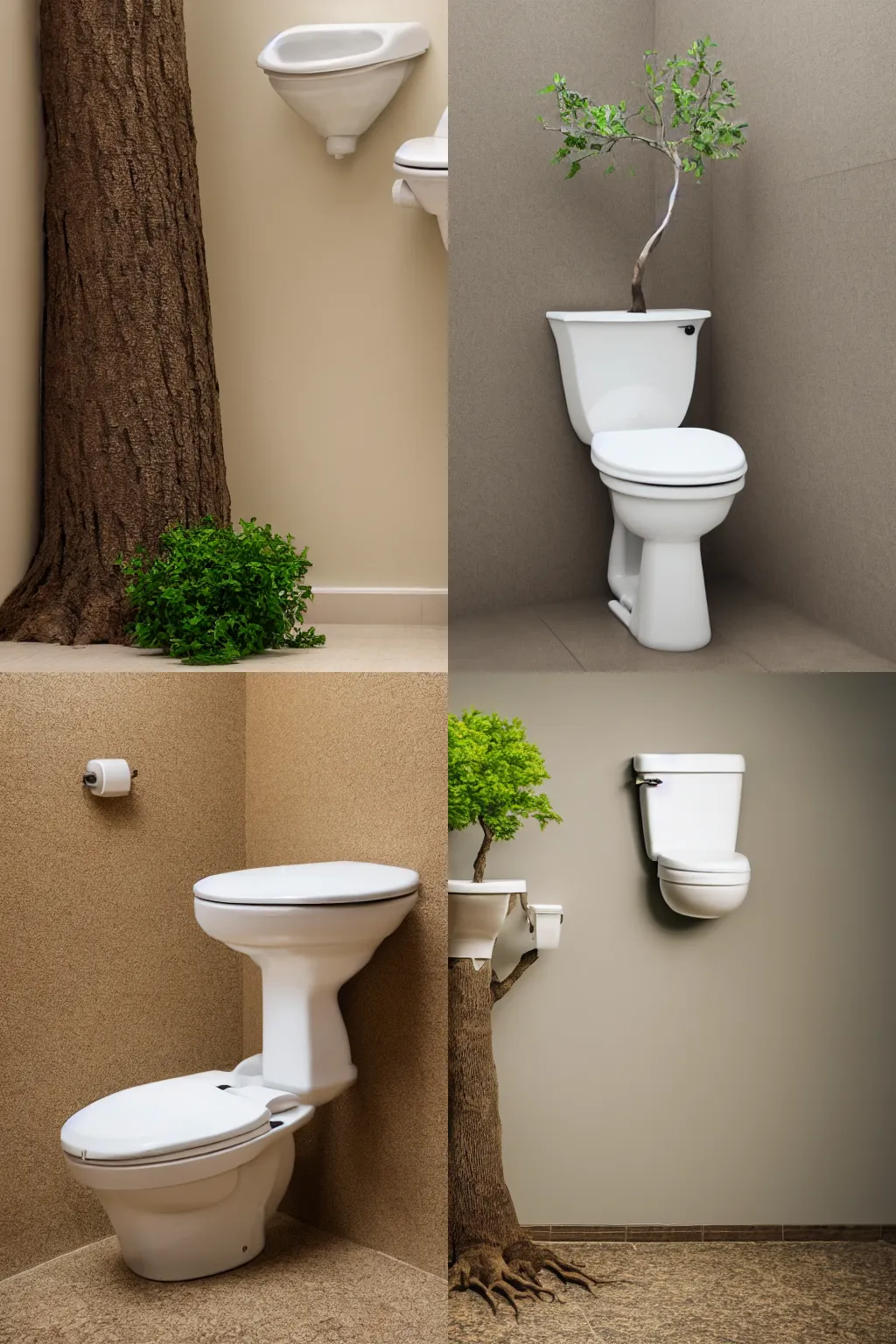 Prompt: a tree growing out of a toilet in the middle of an empty room, 4k, high quality