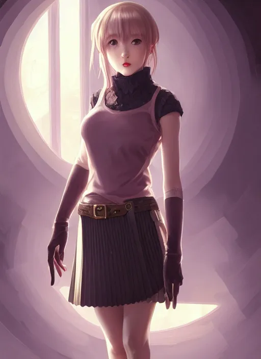 Image similar to portrait of a full body of beautiful young female detective, d & d, sleeveless turtleneck, pleated skirt, fantasy, flat lighting, intricate, highly detailed, digital painting, artstation, concept art, smooth, sharp focus, illustration, misa amane, art by simon bisley and greg rutkowski and alphonse mucha, natural tpose