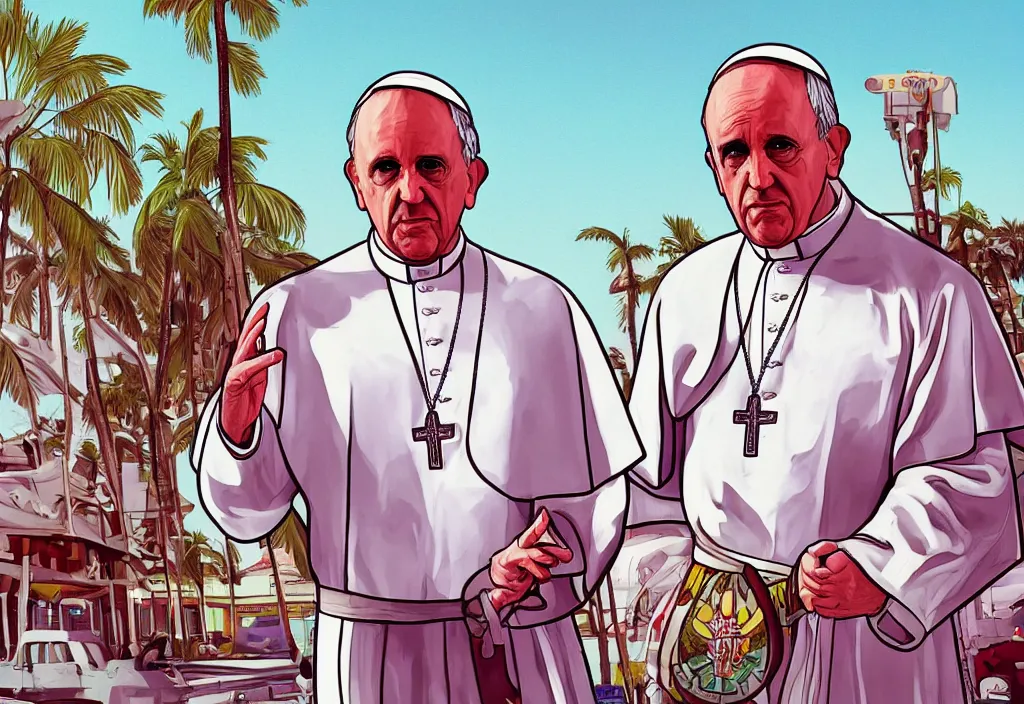 Prompt: pope francis in grand theft auto loading screen, gta art style, illustration, beach, miami, vice city