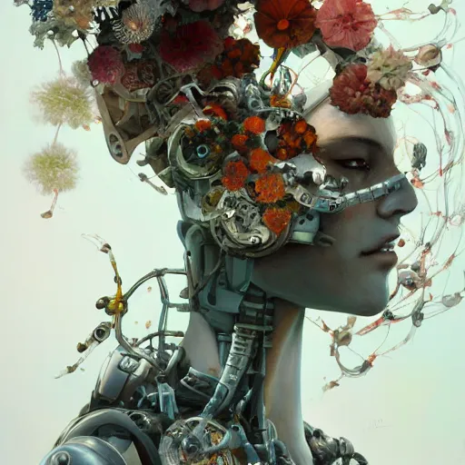 Image similar to surreal gouache painting, by yoshitaka amano, by ruan jia, by conrad roset, by good smile company, detailed anime 3 d render of a female mechanical android head with flowers growing out, portrait and white background, cgsociety, artstation, rococo mechanical costume and grand headpiece, dieselpunk atmosphere