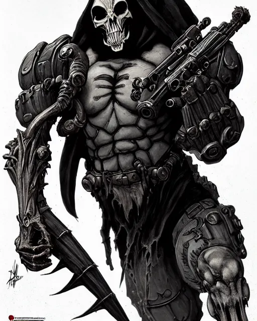 Image similar to reaper from overwatch, heavey metal magazine cover, character portrait, portrait, close up, concept art, intricate details, highly detailed, in the style of frank frazetta, r. giger, esteban maroto, richard corben, pepe moreno, matt howarth, stefano tamburini, tanino liberatore, luis royo and alex ebel