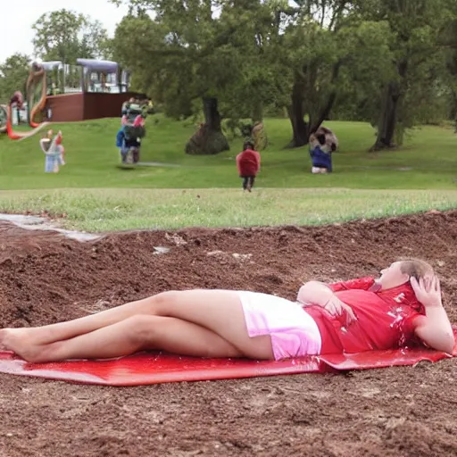 Image similar to adult sliding down chocolate pudding slip n slide legs first, professional photo taken at the park