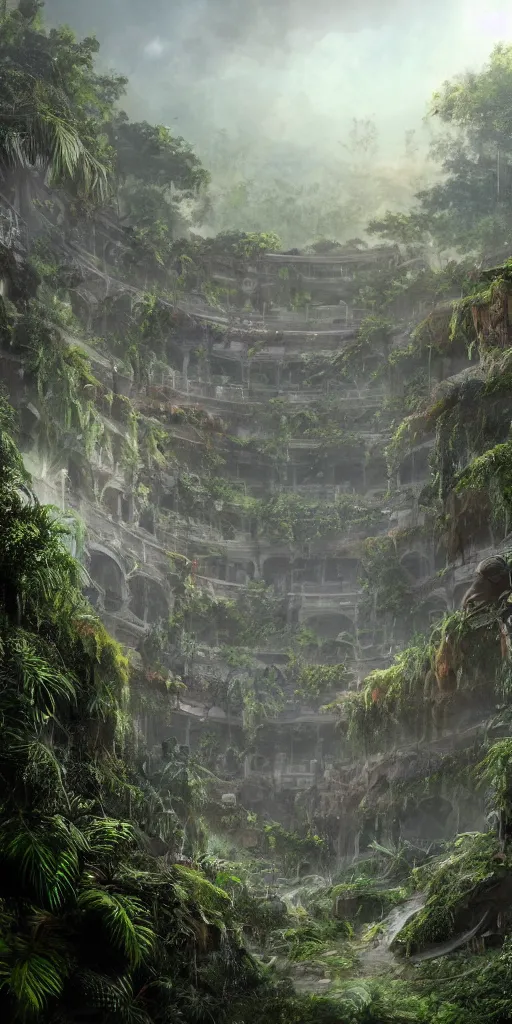 Prompt: An epic matte painting of an overgrown coloseum in the jungle, dark, mysterious, intricate, gorgeous, tropical, stunning, 4k resolution, featured on artstation, f16