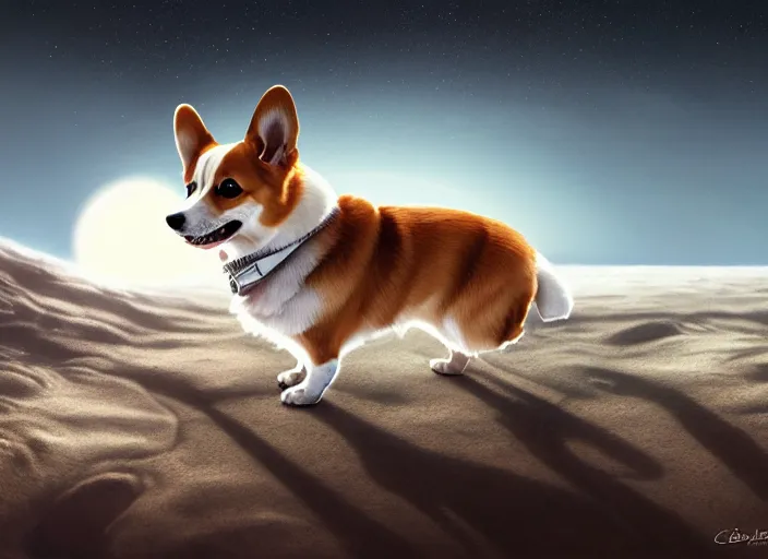 Prompt: highly detailed illustration of a corgi on the moon, artstation, cinematic lighting, hyperdetailed, cgsociety, 8k, high resolution, Charlie Bowater, Tom Bagshaw, Norman Rockwell, insanely detailed and intricate