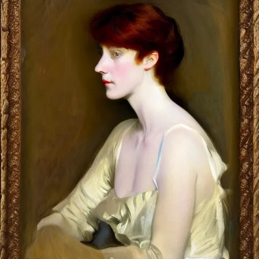 Image similar to portrait of a young woman, raphaelite, in the style of john singer sargent