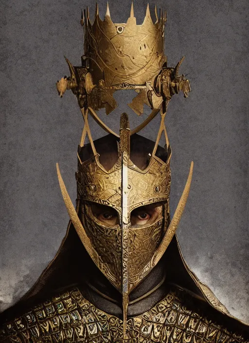 Prompt: portrait of a scared king arthur knight, kintsugi, modern fine art, fractal, intricate, elegant, highly detailed, digital photography, subsurface scattering, by jheronimus bosch and frank miller and greg rutkowski,