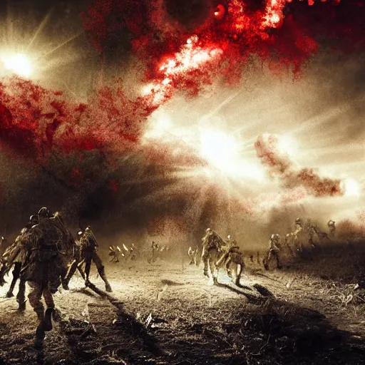 Image similar to bloody war scene, explosions, soldiers running, fog, sun beams, no text, painting style