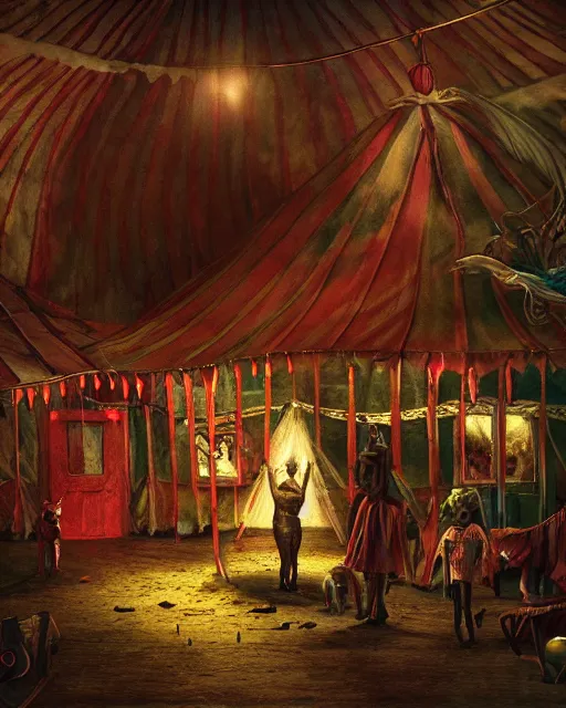 Image similar to the little circus of horrors, circus tent outside, creepy, hyper realistic, ambient lighting, horror art, hyper detailed, smooth