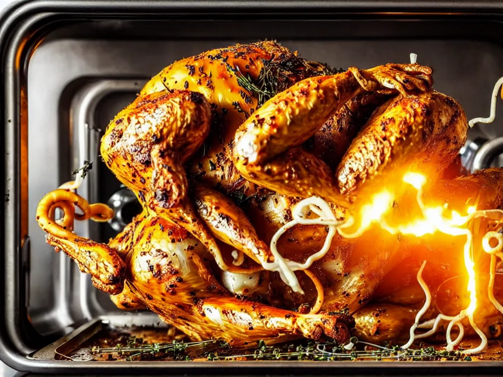 Image similar to a perfect photograph of a mechanical man roasting like a chicken in a giant oven, garnished with squid, dog, thyme and onion.