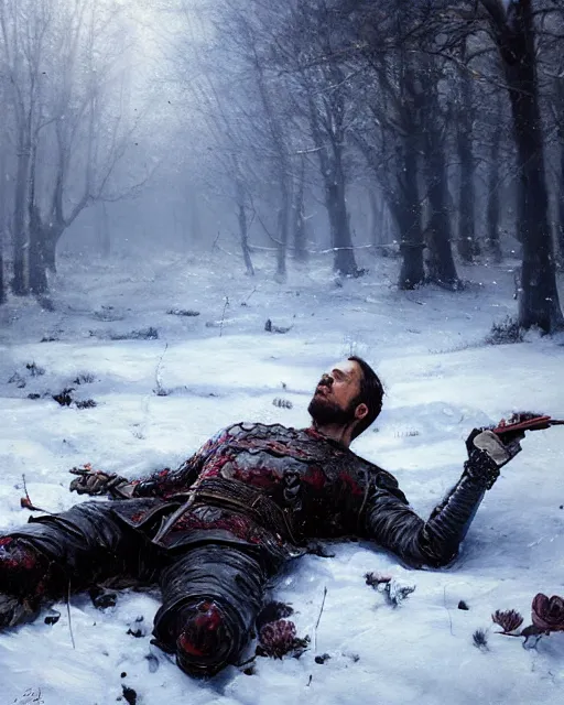 Image similar to Highly realistic oil painting of a wounded knight lying in the snow, surrounded by blue flowers, blood on flowers, by greg rutkowski, highly detailed, cinematic lighting, moody, dark