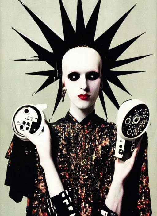 Image similar to Portrait of a punk goth fashion fractal cosmonaut girl with a television head wearing kimono made of circuits and leds, surreal photography by Man Ray