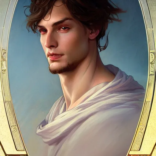 Image similar to up close portrait of a male angel, d & d, face, fantasy, intricate, elegant, highly detailed, digital painting, artstation, concept art, smooth, sharp focus, illustration, art by artgerm and greg rutkowski and alphonse mucha