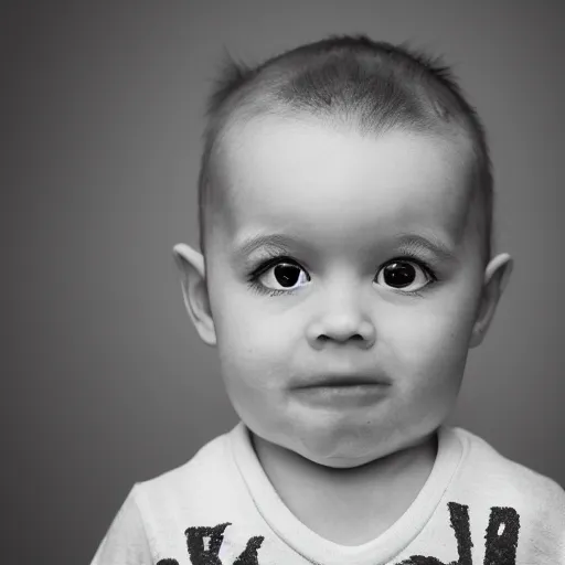 Prompt: the face of punk rock alien at 1 years old wearing balenciaga clothing, black and white portrait by julia cameron, chiaroscuro lighting, shallow depth of field, 8 0 mm, f 1. 8