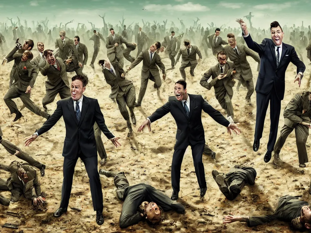 Prompt: one Comedian in suit and tie performing in a battle-field with dead bodies on the ground, comedian is funny, performing to dead soldiers, nuclear bomb in far horizon, apocalypse, trending on artstation, single man in suit, artstationHD, hyperdetailed matte painting, highly detailed, digital painting, hyper-realistic, realistic, photo-realistic