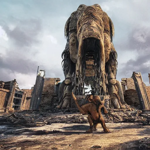 Prompt: golden mammoth in a ruined city, photorealistic, realistic, dramatic, cinematic, photography