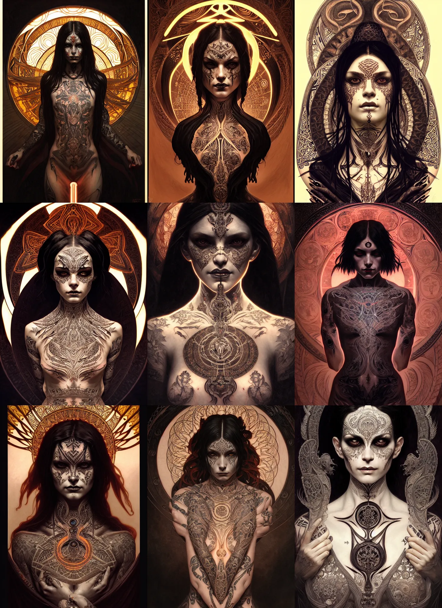 Prompt: symmetry portrait of lilith, intricate ritualistic tattoos, glowing ceremonial markings, dark, evil, elegant, highly detailed, digital painting, artstation, smooth, sharp focus, illustration, art by nekro borja and greg rutkowski and alphonse mucha