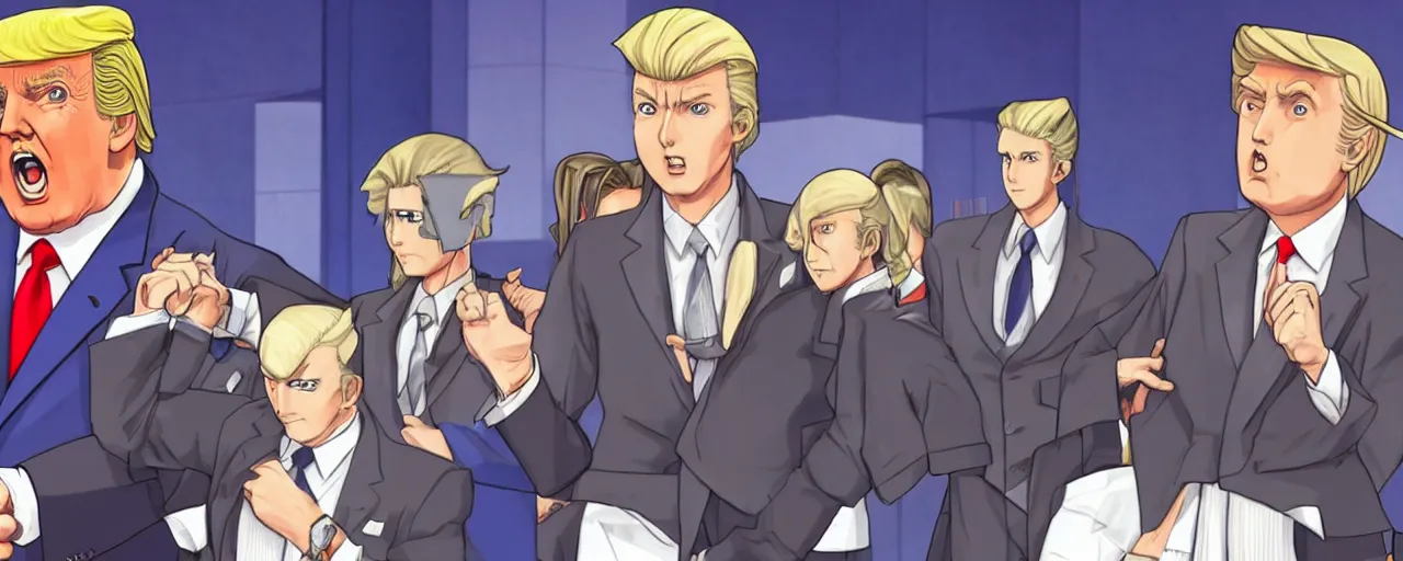 Image similar to donald trump being judged in phoenix wright, ace attorney, 4 k, high quality