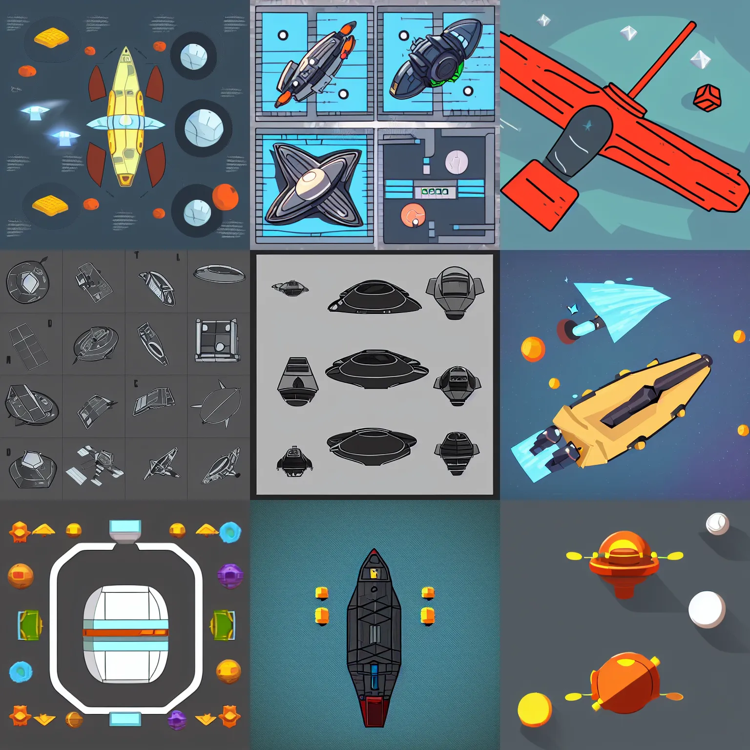 Prompt: stylized 2 d spacecraft resource collector, two colors, black backround. inkscape, illustrator, vector graphics, bloom, 2 d game, topdown.