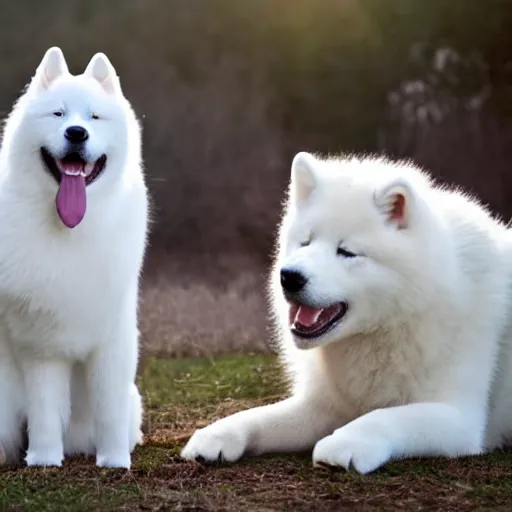 Image similar to A photo of a Samoyed dog with its tongue out hugging a white Siamese cat