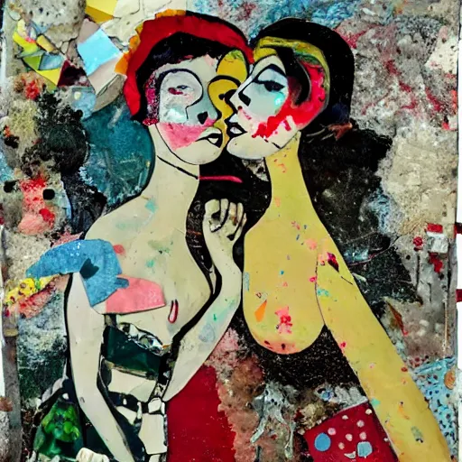 Image similar to two women kissing at a carnival in spring, mixed media collage, retro, paper collage, magazine collage, acrylic paint splatters, bauhaus, claymation, layered paper art, sapphic visual poetry expressing the utmost of desires by jackson pollock