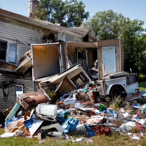 Image similar to a run down house with stacks of trash 1 0 feet high in front of the house. run down house is in a suburban neighborhood in america. broken and rusted golf cart in street in front of house