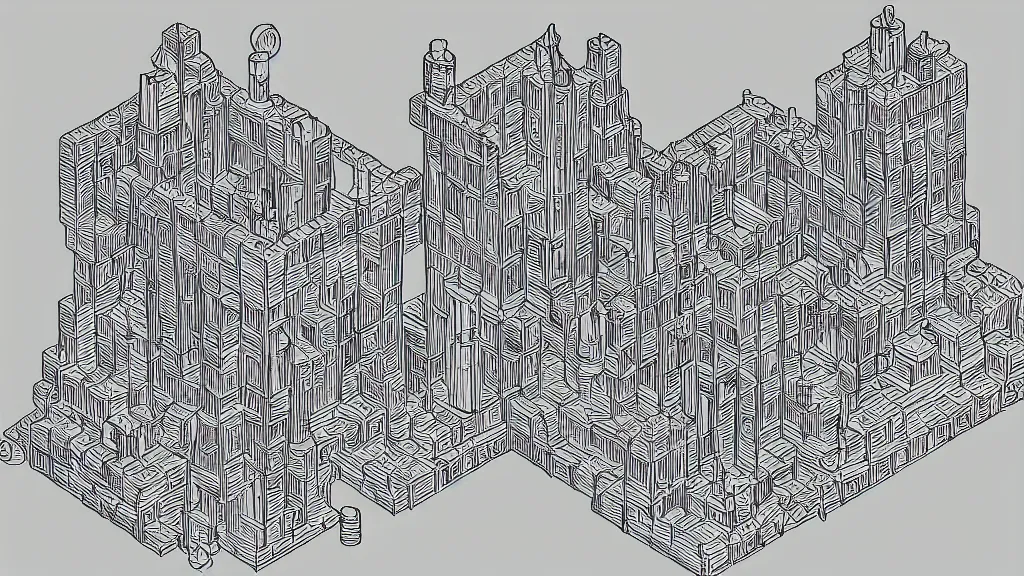 Image similar to isometric view of a solar punk wizard tower that's surrounded by rocks and mountains, lineart.