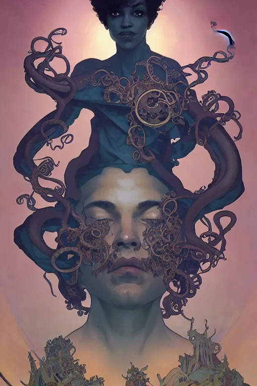 Image similar to Prince and the revolution , a golden crown floating above his head, tentacles coming out the ground art by Artgerm and Greg Rutkowski and Alphonse Mucha and Craig Mullins and James Jean and Andrei Riabovitchev and Marc Simonetti and peter mohrbacher, sharp focus, ominous, cosmic horror, trending on artstation, Ultra detailed, hyper realistic 4k