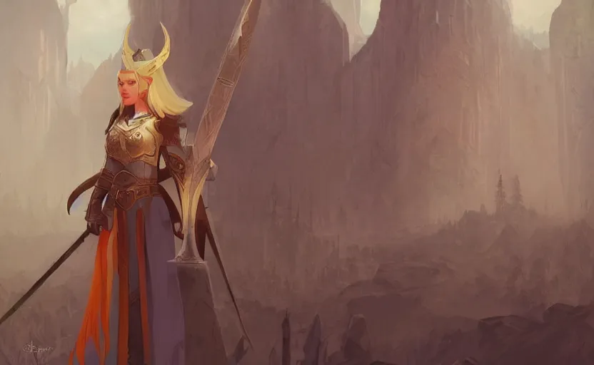 Prompt: the elder scrolls vi a portrait of a regal blond elven princess warrior near the epic entrance to a city. illustration by atey ghailan
