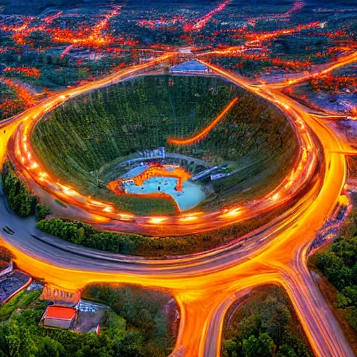 Image similar to birds eye view of a small town in pennsylvania with a gate to hell opening in the middle of it, high resolution photograph, intense, dawn light