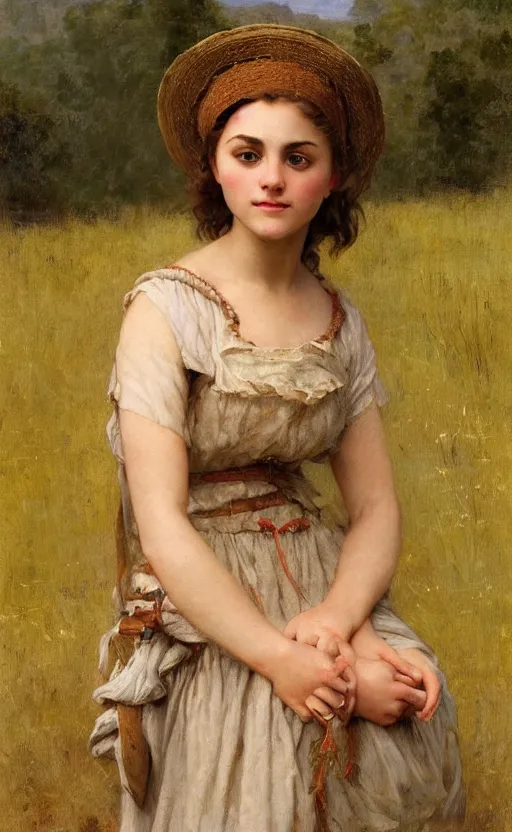 Image similar to portrait en buste of annasophia robb in a pastoral field, traditional corsican, intricate, highly detailed, artstation, illustration, jurgens, rutkowski, bouguereau