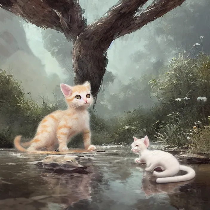 Image similar to a painting of a cute light beige kitten with dark brown ears and face and legs and tail and white paws at a river. character design by cory loftis, fenghua zhong, ryohei hase, ismail inceoglu and ruan jia. volumetric light, detailed, rendered in octane