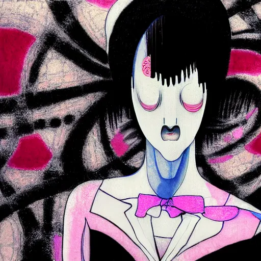 Image similar to yoshitaka amano blurred and dreamy minimalistic three quarter angle portrait of a young woman with black lipstick and black eyes wearing dress suit with tie looking up and to the side, junji ito abstract patterns in the background, satoshi kon anime, noisy film grain effect, highly detailed, renaissance oil painting, weird portrait angle, blurred lost edges