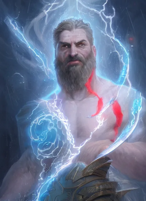 Prompt: close-up of character concept portrait of Zeus conjuring a violent void multiversal powerful lightning, a floating iridescent blade sword of chaos from God of War in the center, intricate, elegant, digital painting, concept art, smooth, sharp focus, illustration, by WLOP and Ruan Jia and Mandy Jurgens and William-Adolphe Bouguereau, Artgerm